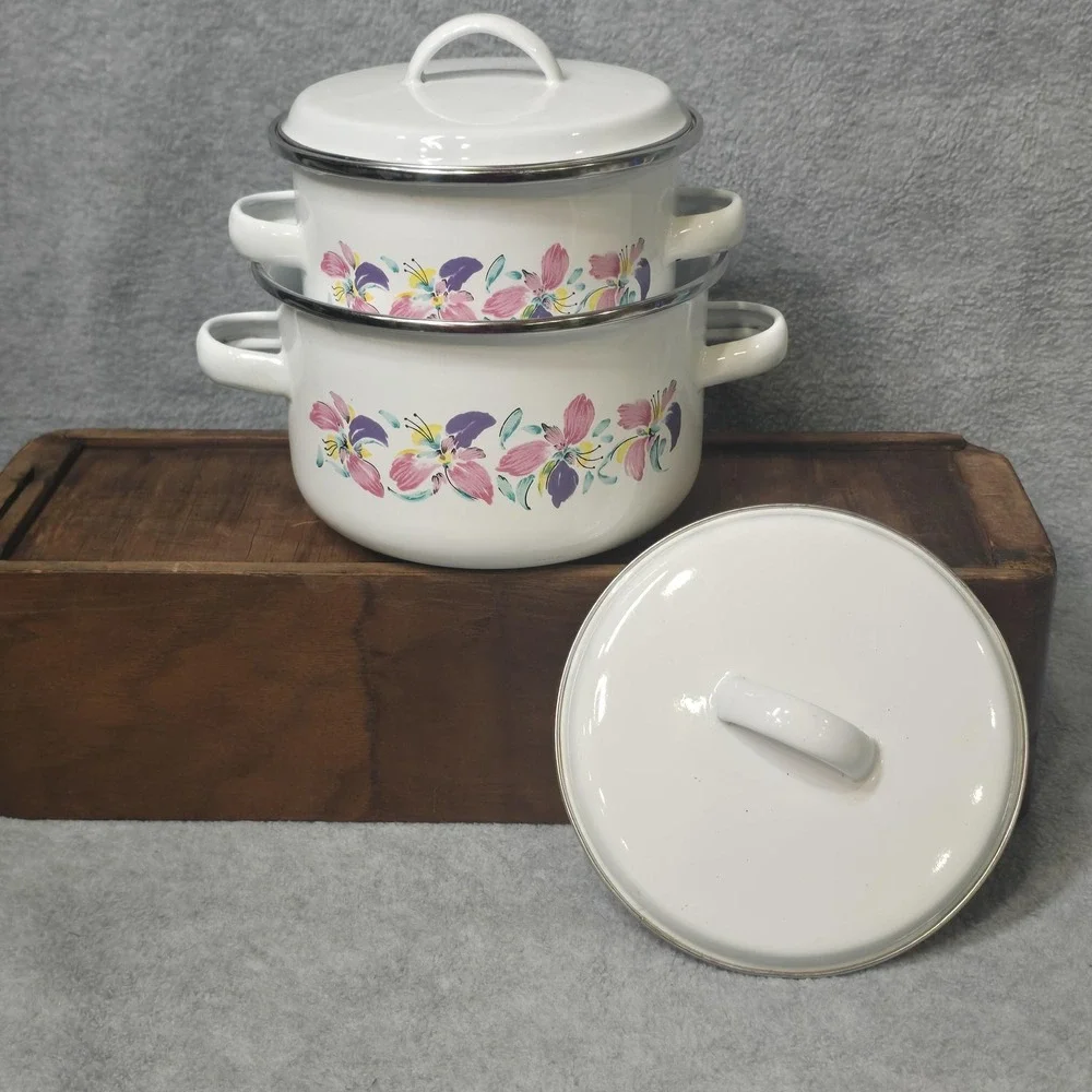 Vintage Enamelware Pots Set of 2 Floral Pink Purple White Lids Indonesia 80s